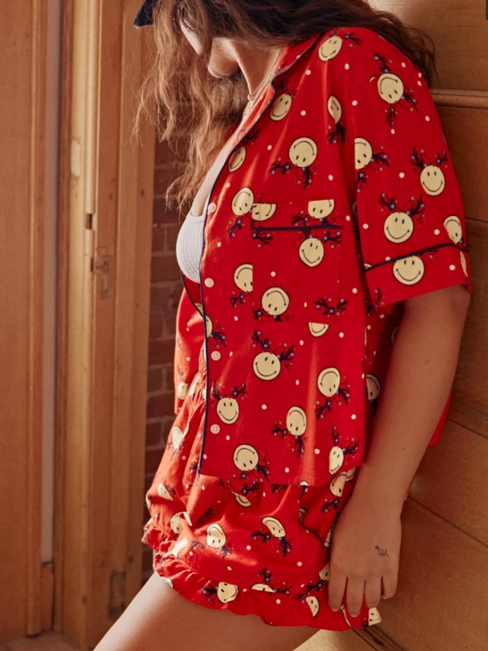 Aerie Smiley® Flannel Pajama Shirt + Ruffle Shorts Holiday Red Christmas PJ Set - Picture 2 of 13